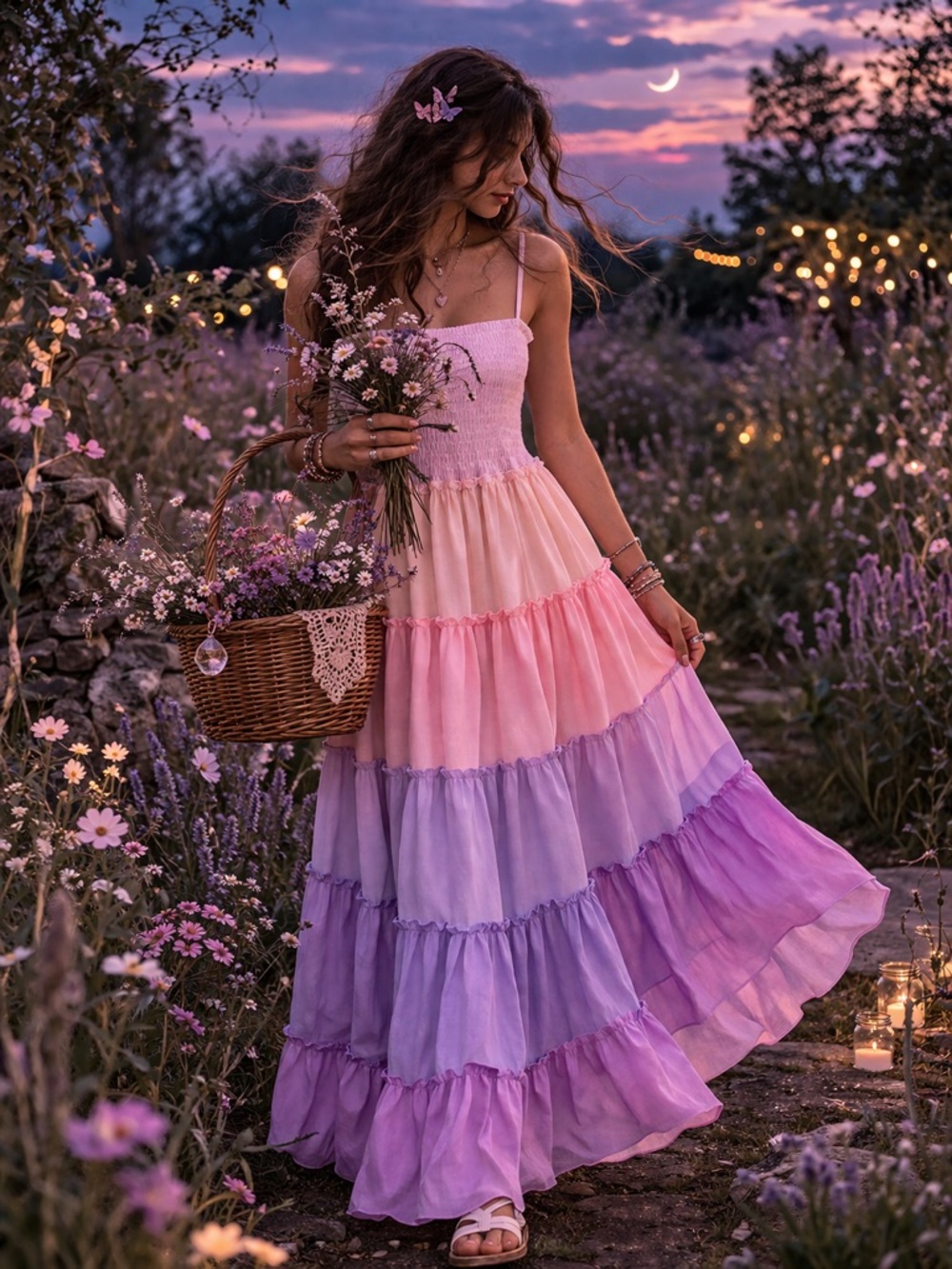 Saukole Ombré Smocked Tiered Maxi Dress Pink Purple NWT Size Small